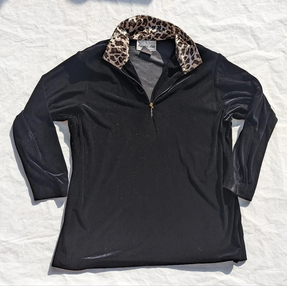 Vintage Velour Style Black Sweater with Leopard Neck Collar and 1/4 Gold Zip - L